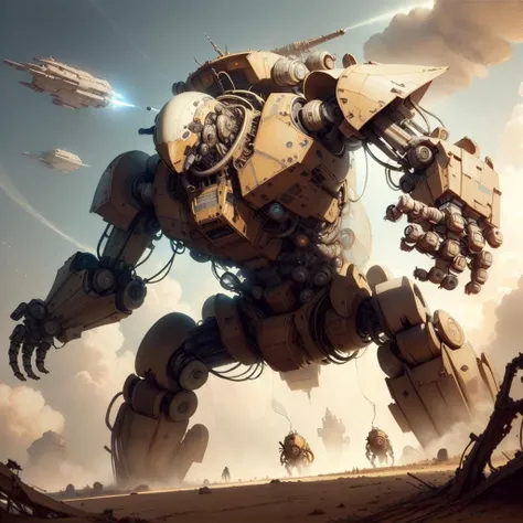 <lora:DaVinciTech-25:1>, scifi, davincitech, by leonardo da vinci,
colossal battle mech, , destruction, from below,