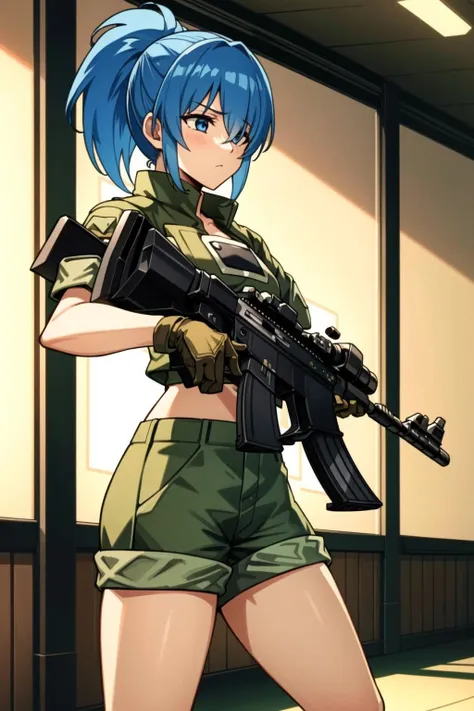 <lora:OGT_Leona_Heidern-v1:0.8> Leona Heidern, 1girl, solo, weapon, gun, leona heidern, blue hair, shorts, gloves, blue eyes, ponytail, rifle, green shorts, midriff, crop top, boots, multicolored hair, military, black gloves, holding, assault rifle, holding weapon, indoors, dojo, hand over one eye, serious, mature woman, (masterpiece, Best Quality, Extremely Detailed, Ultra Quality, 4k)  <lyco:BetterGuns-V1:0.8> ak47, holding a assault rifle