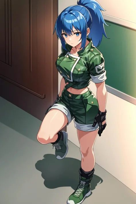 <lora:OGT_Leona_Heidern-v1:1> Leona Heidern, 1girl, leona heidern, solo, blue hair, blue eyes, ponytail, gloves, shorts, boots, jacket, green shorts, green jacket, crop top, simple background, long hair, knife, bangs, cropped jacket, breasts, sleeves rolled up, full body, indoors, dojo, closed mouth, mature woman, (masterpiece, Best Quality, Extremely Detailed, Ultra Quality, 4k)