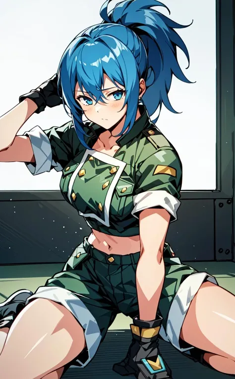 <lora:OGT_Leona_Heidern-v1:1> Leona Heidern, 1girl, leona heidern, solo, blue hair, blue eyes, ponytail, gloves, shorts, boots, jacket, green shorts, green jacket, crop top, simple background, long hair, knife, bangs, cropped jacket, breasts, sleeves rolled up, full body, indoors, dojo, closed mouth, mature woman, (masterpiece, Best Quality, Extremely Detailed, Ultra Quality, 4k)