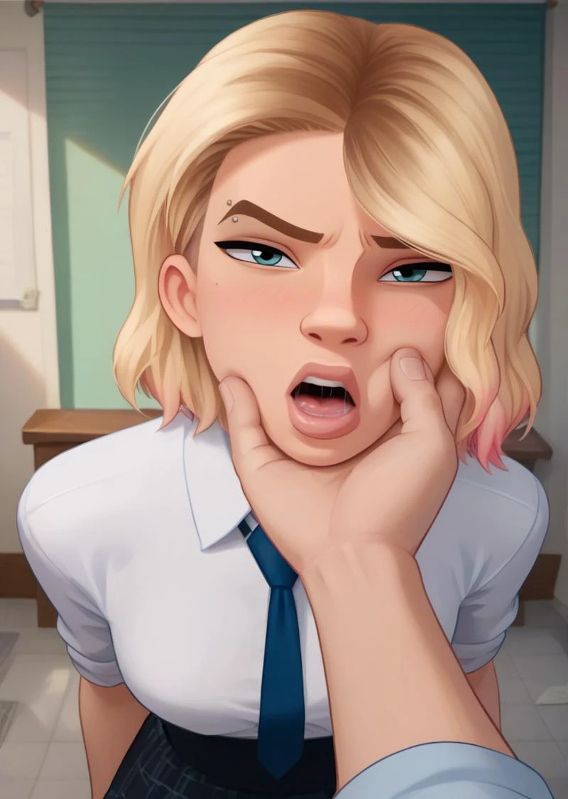 , score_9, score_8_up, score_7_up, masterpiece, , line art, portrait, anime,, detailed, <lora:Expressive_H:0.45> Expressiveh, pov looking at viewer, pov, defiant expression, annoyed, blush, looking at viewer, open mouth, saliva drip, thumb in mouth, disembodied limb, disembodied hand, <lora:VillainousFaceHoldXLv2:0.8> chin grab, , <lora:Lip size Slider:1.0> , <lora:Gwen_Stacy:0.6> g_s, 1girl, , gwen stacy, blonde hair, blue eyes, short hair, big lips, tooth gap, collared shirt, buttoned shirt, necktie,