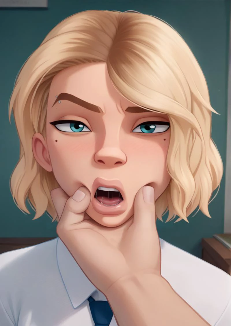 , score_9, score_8_up, score_7_up, masterpiece, , line art, portrait, anime,, detailed, <lora:Expressive_H:0.45> Expressiveh, pov looking at viewer, pov, defiant expression, annoyed, blush, looking at viewer, open mouth, saliva drip, thumb in mouth, disembodied limb, disembodied hand, <lora:VillainousFaceHoldXLv2:0.8> chin grab, , <lora:Lip size Slider:1.0> , <lora:Gwen_Stacy:0.6> g_s, 1girl, , gwen stacy, blonde hair, blue eyes, short hair, big lips, tooth gap, collared shirt, buttoned shirt, necktie,