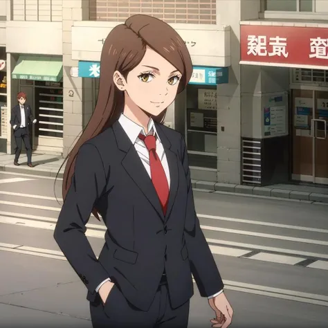 masterpiece,high quality,solo,
<lora:hojyokantokujyosei2001:0.7>,looking at viewer,smile,
hojyokantokujyosei2,1woman,
side parted hair,long hair,
business suit,
city,