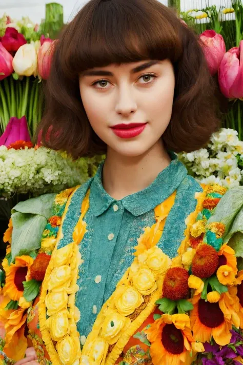 kimbra face closeup, 2000s,  gorgeous,  closeup, upper body, 
,digital art,
overwrought,
Tan shirt, 
 highres, detailed, , realistic, 
Flower market and vibrant colors at the background, best quality, masterpiece,   <lora:kimbra:0.60>