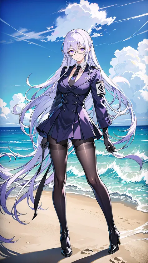 masterpiece, best quality,hoduraether, 1girl, solo, pantyhose, long hair, necktie, (full body:1.5), beach, standing on beach, black footwear, boots, gloves, double-breasted, armband, buttons, braid, black uniform, glasses, breasts, bangs, long sleeves, shirt, black pantyhose, hair between eyes, collared shirt, purple eyes, black miniskirt, white shirt, black gloves, purple necktie, white hair, military uniform, black pantyhose, <lora:HodurAetherGazerV1.0:0.8>, detailed, standing,