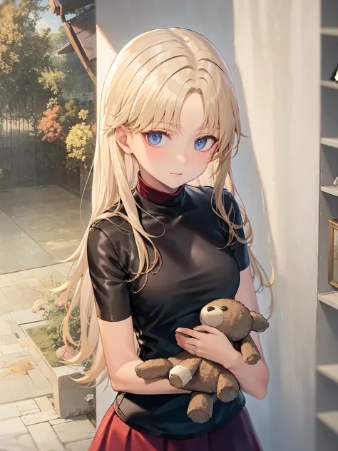 masterpiece, best quality, 1girl, solo, <lora:tri-4:1>,black shirt,red skirt,bear doll,long hair,blonde hair,