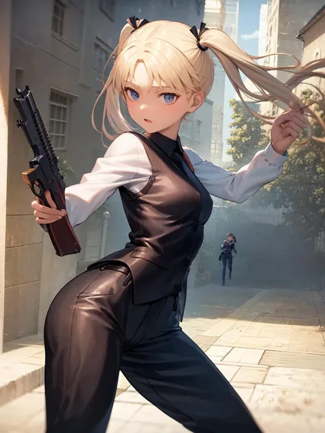 masterpiece, best quality, 1girl, solo, <lora:tri-4:1>,twintails,vest,pants,holding handgun,dynamic pose, combat, battle, gun,