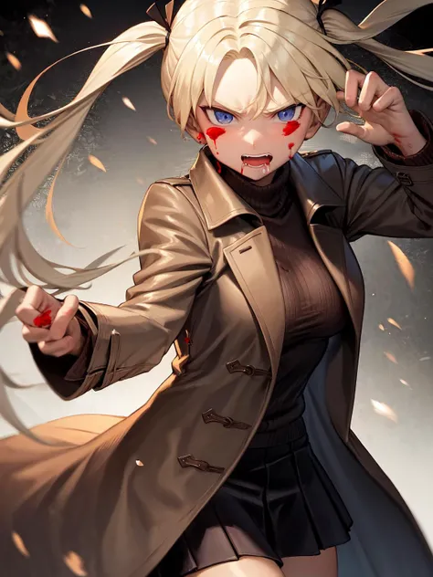 masterpiece, best quality, 1girl, solo, <lora:tri-4:1>,coat,skirt,blood,blonde hair, battle,angry, dynamic pose,battle,torn,twintails,