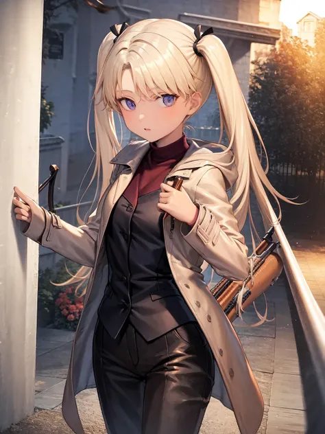 masterpiece, best quality, 1girl, solo, <lora:tri-4:1>,coat,twintails,pants, shotgun,vest