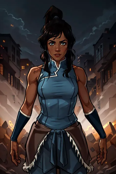 <lora:MinkoStyleV4:1>Minkostyle, intricate details, masterpiece, absurdres, best quality, Highest Quality, (diffused soft light), dramatic lighting <lora:Korra:0.85> korra, dark skin, dark-skinned female, bare shoulders, medium breasts, ponytail, sleeveless, brown hair