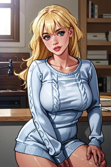 <lora:MinkoStyleV4:1>minko, intricate details, masterpiece, absurdres, best quality, realistic, Highest Quality, looking at viewer,( warm wool sweater), 1girl, blonde hair, busty, cute face