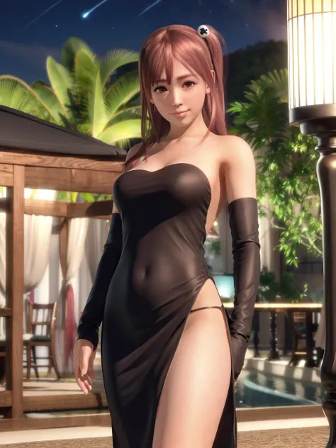 <lora:honokav1:0.8>, (sheath gown:1.4), (highleg dress:1.2), (black stockings:1.3), (japanese uniform), honoka, red hair, 1girl, solo, realistic, hair ornament, make up, smile, long hair, looking at viewer, blurry, day, blush, soft light, 8K, ultra high resolution, ultra-detailed, photorealistic, an extremely delicate and beautiful, 8K, ultra high resolution, ultra-detailed, photorealistic, an extremely delicate and beautiful, (standing:1.3), (full body:1.2), crossed legs, blurry background, depth of field, (bar:1.4), (night club:1.4), arm up, silk gloves, black gloves