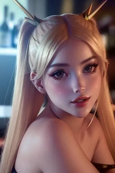 a portrait photo of a stunning S047_LaurenBurch, in a (bar:1.2), wearing a revealing (metal-dress:1.1), blonde hair, smiling, (8k, RAW photo, best quality, ultra high res, photorealistic, masterpiece, ultra-detailed, Unreal Engine)