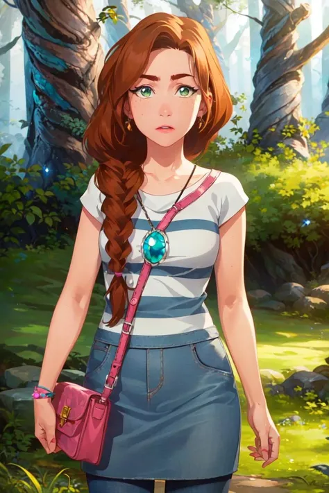 (EmilyJones:1.5), (brown hair, green eyes, side braid), (pink purse), (forest, trees, grass), (realistic:1.2), (masterpiece:1.2), (full-body-shot:1),(Cowboy-shot:1.2), neon lighting, dark romantic lighting, (highly detailed:1.2),(detailed face:1.2), (gradients), colorful, detailed eyes, (detailed landscape:1.2), (natural lighting:1.2), solo, 1girl, <lora:LEGOElvesEmily-10:0.8> <lora:add_detail:0.3> <lora:BeautifulEyes:0.6>