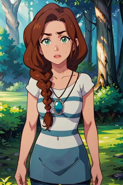 (EmilyJones:1.5), (brown hair, green eyes, side braid), (forest, trees, grass), (realistic:1.2), (masterpiece:1.2), (full-body-shot:1),(Cowboy-shot:1.2), neon lighting, dark romantic lighting, (highly detailed:1.2),(detailed face:1.2), (gradients), colorful, detailed eyes, (detailed landscape:1.2), (natural lighting:1.2), solo, 1girl, <lora:LEGOElvesEmily-10:0.8> <lora:add_detail:0.3> <lora:BeautifulEyes:0.6>