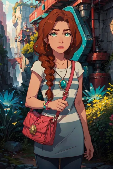 (EmilyJones:1.5), (brown hair, green eyes, side braid), (pink purse), (realistic:1.2), (masterpiece:1.2), (full-body-shot:1),(Cowboy-shot:1.2), neon lighting, dark romantic lighting, (highly detailed:1.2),(detailed face:1.2), (gradients), colorful, detailed eyes, (detailed landscape:1.2), (natural lighting:1.2), solo, 1girl, <lora:LEGOElvesEmily-10:0.8> <lora:add_detail:0.3> <lora:BeautifulEyes:0.6>