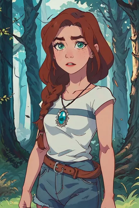 (EmilyJones:1.5), (brown hair, green eyes, side braid), (forest, trees, grass), (realistic:1.2), (masterpiece:1.2), (full-body-shot:1),(Cowboy-shot:1.2), neon lighting, dark romantic lighting, (highly detailed:1.2),(detailed face:1.2), (gradients), colorful, detailed eyes, (detailed landscape:1.2), (natural lighting:1.2), solo, 1girl, <lora:LEGOElvesEmily-10:0.8> <lora:add_detail:0.3> <lora:BeautifulEyes:0.6>