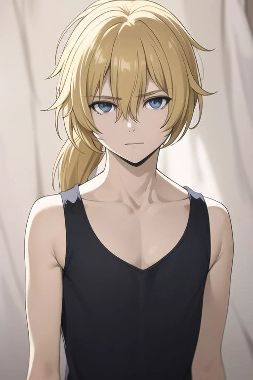 masterpiece, best quality, high quality, 1boy, solo, male focus, looking at viewer, upper body, <lora:subaru_gleipnir:0.76>, subaru_gleipnir, blonde hair, ponytail, tank top, <lora:Realism-10:0.10>, Realism