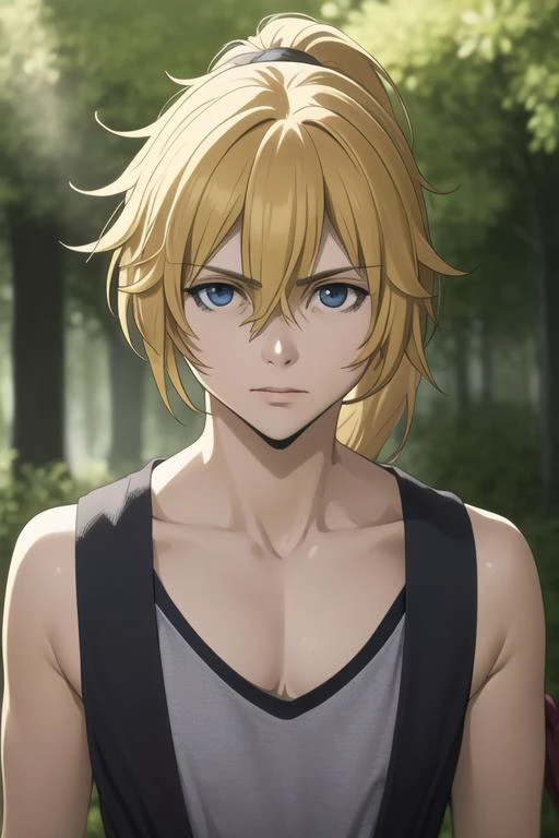 masterpiece, best quality, high quality, 1boy, solo, male focus, looking at viewer, upper body, <lora:subaru_gleipnir:0.76>, subaru_gleipnir, ponytail, <lora:Realism-10:0.25>, Realism