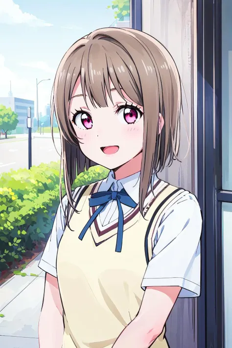 (best quality, masterpiece:1.2), 1girl, solo, cute, looking at viewer, smile, upper body, sky, outdoors, open mouth
<lora:A_Nakasu Kasumi Anime New:0.8>, nakasu kasumi, nijigasaki academy school uniform,