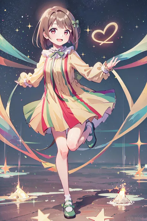 (best quality, masterpiece:1.2), (beautiful and clear background:1.1), illustration, colorful, 1girl, solo, (full body:1.4), (looking at viewer:1.2), glow eyes, (extremely detailed CG unity 8k wallpaper:1.1), (depth of field:0.75), (watercolor:0.65), (light on face:1.2),
<lora:A_MUBE_Dress:1>, nakasu kasumi, mube dress, short hair, hair bow, striped, yellow dress, green bow, vertical stripes, long sleeves, striped dress,  brown hair, bangs, grey hair, vertical-striped dress, huge bow, puffy sleeves, red eyes, sleeves past wrists, smile, happy, small breast,  cute, open mouth,
mirror,
