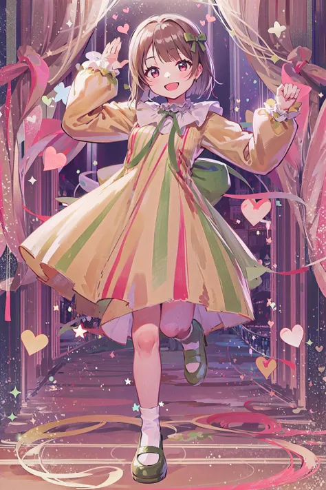 (best quality, masterpiece:1.2), (beautiful and clear background:1.1), illustration, colorful, 1girl, solo, (full body:1.4), (looking at viewer:1.2), glow eyes, (extremely detailed CG unity 8k wallpaper:1.1), (depth of field:0.75), (watercolor:0.65), (light on face:1.2),
<lora:A_MUBE_Dress:1>, nakasu kasumi, mube dress, short hair, hair bow, striped, yellow dress, green bow, vertical stripes, long sleeves, striped dress, brown hair, bangs, grey hair, vertical-striped dress, huge bow, puffy sleeves, red eyes, sleeves past wrists, smile, happy, small breast, cute, open mouth,
mirror, heart_sign, star \(symbol\),