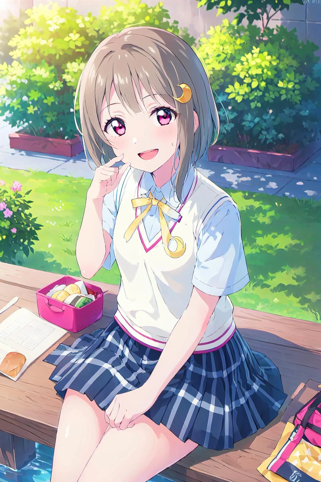 (best quality, masterpiece:1.2), 1girl, solo, (cowboy shot:1.2), looking at another, smile, sunlight, lens flare, open mouth, light on face, glow eyes, sitting,
<lora:Nakasu Kasumi SSU:0.8> nakasu kasumi, nijigasaki academy school uniform, summer uniform, crescent hair ornament,
<lora:Style_boldline:-1>