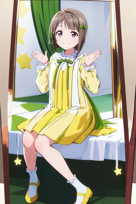 (best quality, masterpiece:1.2), 1girl, solo, (full body:1.2), smile, looking at viewer, sitting, closed mouth,
<lora:A_MUBE_Dress:0.8>, nakasu kasumi, mube dress, green bow, vertical stripes yellow dress, huge bow, puffy sleeves, cute,
mirror, heart_sign, star \(symbol\),
<lora:A_Nakasu Kasumi Anime New:0.5>
