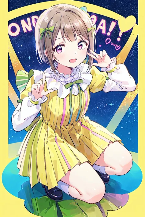 (best quality, masterpiece:1.2), 1girl, solo, (full body:1.2), smile, looking at viewer, squatting, open mouth,
<lora:A_MUBE_Dress:0.8>, nakasu kasumi, mube dress, green bow, vertical stripes yellow dress, huge bow, puffy sleeves, cute,
mirror, heart_sign, star \(symbol\),
<lora:A_Nakasu Kasumi Anime New:0.5>