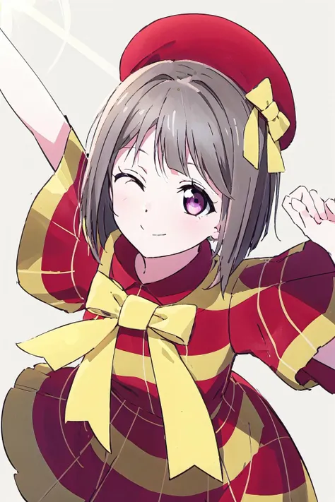 (best quality, masterpiece:1.2), 1girl, solo, (cowboy shot:1.2), sunlight, lens flare, smile, closed mouth, light on face, standing, looking at viewer, from above, arms behind back,
<lora:Nakasu Kasumi Enjoy it:0.9> nakasu kasumi, enit dress, red headwear,