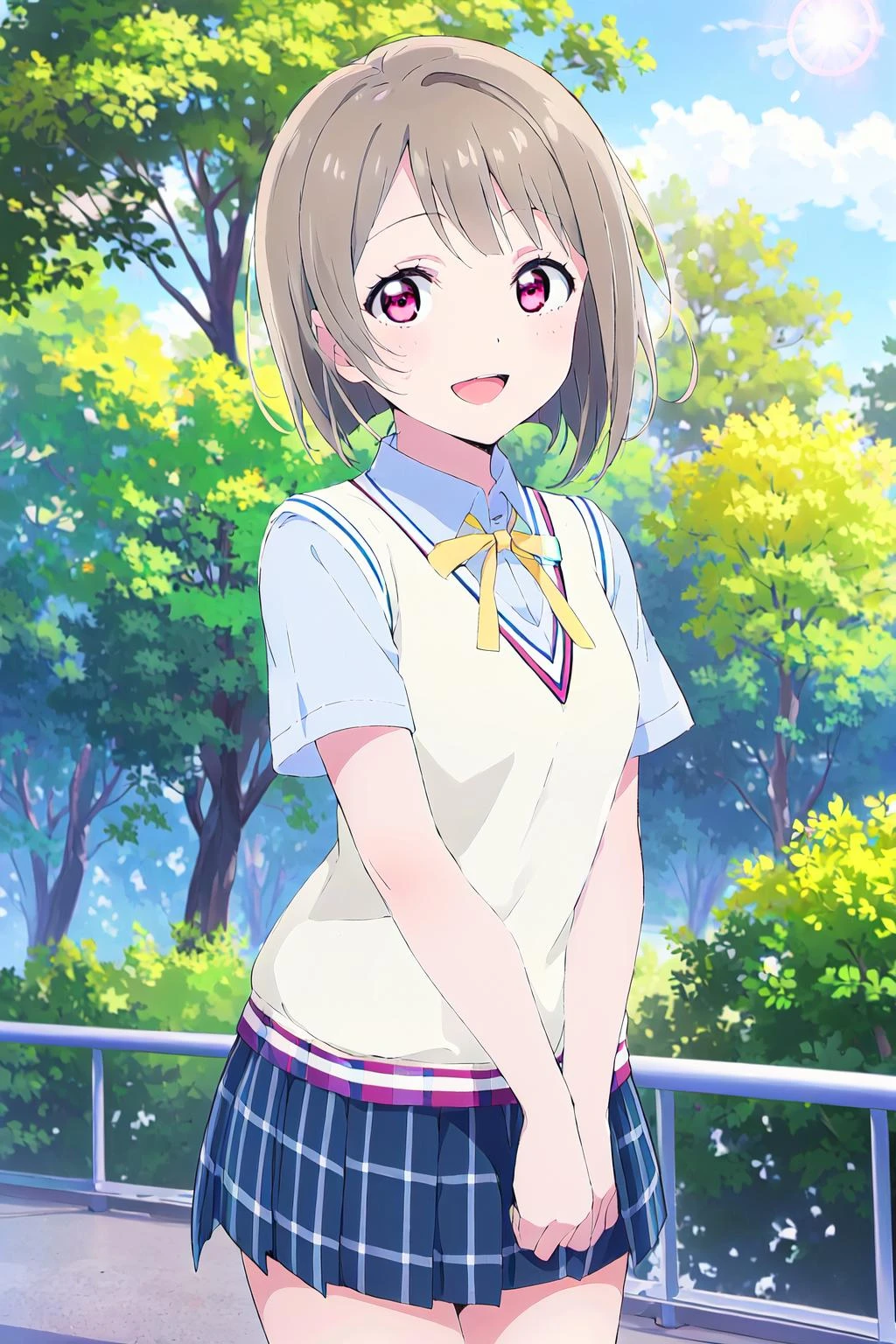 (best quality, masterpiece:1.2), 1girl, solo, (cowboy shot:1.2), looking at viewer, standing, smile, sunlight, lens flare, open mouth, light on face, glow eyes,
<lora:Nakasu Kasumi SSU:0.8> nakasu kasumi, nijigasaki academy school uniform, summer uniform,
<lora:Style_boldline:-1>