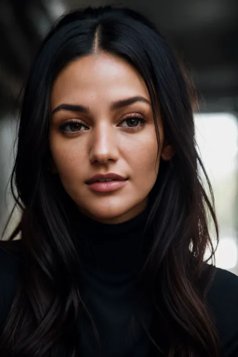 A stunning intricate full color up close portrait of michelleKee1, wearing a black turtleneck, epic character composition, by ilya kuvshinov, alessio albi, nina masic, sharp focus, natural lighting, subsurface scattering, f2, 35mm