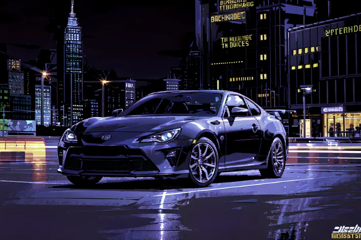 absurdres, highres, best quality, <lora:toyotaGT86GR86_v10:0.5>, black zn6, <lora:c64Graphics_v10:1>, city, night, speed lines,