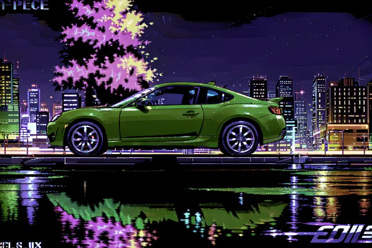 absurdres, highres, best quality, <lora:toyotaGT86GR86_v10:0.5>, black zn6, <lora:c64Graphics_v10:1>, city, night, speed lines, fluorescent, <lora:Polychrome:0.5>, (Iridescence:1.3) , reflection,