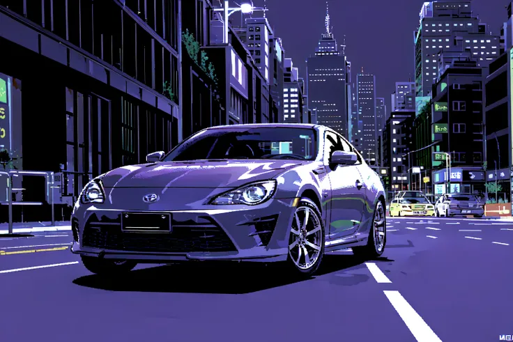 absurdres, highres, best quality, <lora:toyotaGT86GR86_v10:0.5>, black zn6, <lora:c64Graphics_v10:1>, city, night, speed lines,