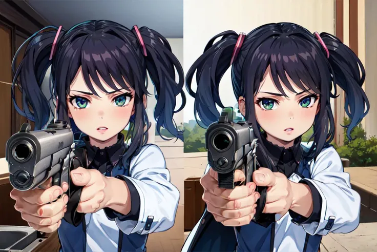 <lora:stereogram-crossed-v1:1> 1girl, stereogram, parted lips, <lora:pointinggun:0.8> aiming at viewer, holding gun