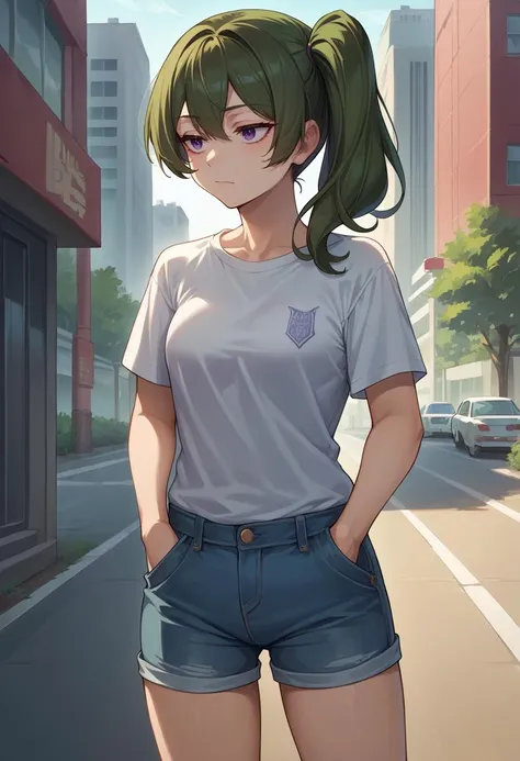 score_9, score_8_up, source_anime, 1girl, solo, UbelFrieren, purple eyes, dark green hair, medium hair, side ponytail, t-shirt, denim shorts, standing, outdoors, city, hands in pockets, <lora:CHAR-UbelPonyXL:1>