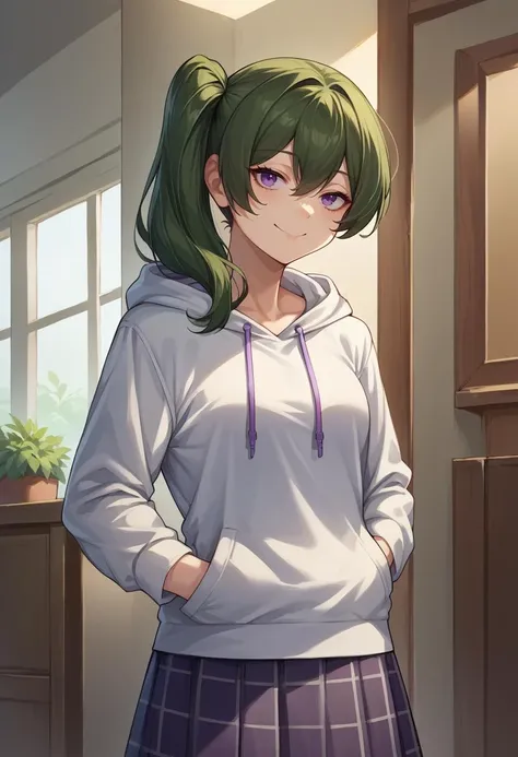 score_9, score_8_up, source_anime, 1girl, solo, UbelFrieren, purple eyes, dark green hair, medium hair, side ponytail, indoors, plaid skirt, hoodie, smile, hands in pockets, <lora:CHAR-UbelPonyXL:1>