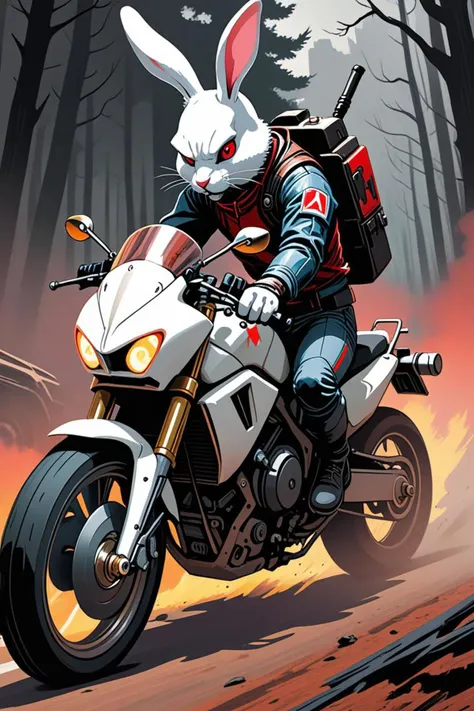 a the white rabbit and akira's motorcycle in a 3 rd person action adventure in the style of horror painting, deviant art