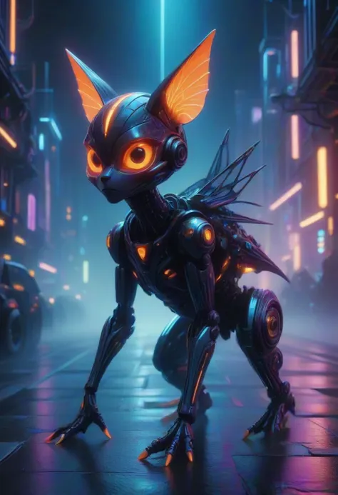 whimsical Nettling Imp made of nacre, neon orange theme, intricate details, ultra sharp, glowing, cyberpunk street race with high-speed vehicles and neon lights <lora:NaviDiscoTechXL:0.8> discotech , scifi, uv blacklights