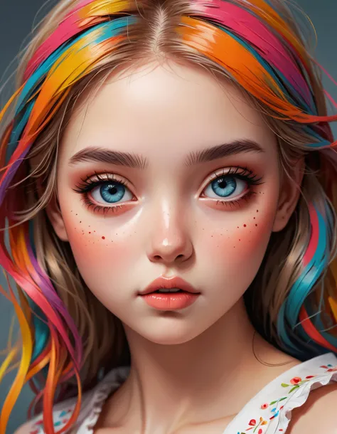 digital art, cute painted girl, natural lips, sleepy eyes, colorful scene, doll style, ink outlines