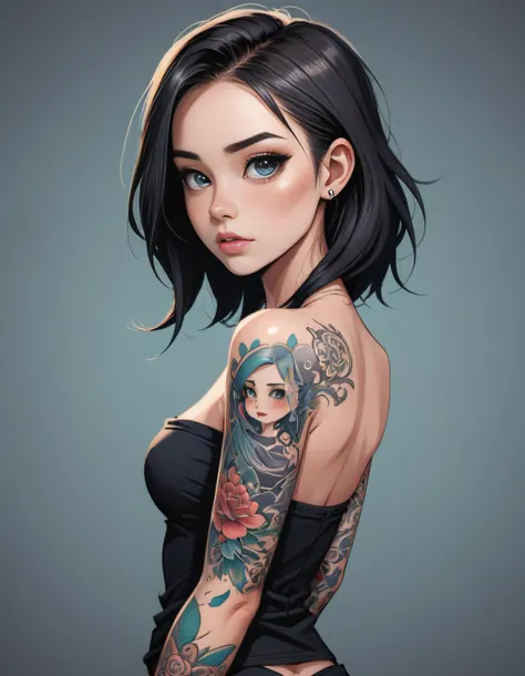 digital art, beautiful girl with a plain strapless top and a sleeve tattoo, cartoon style