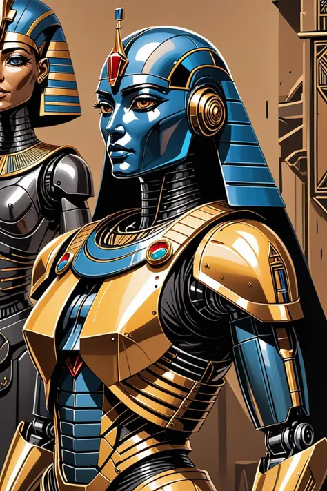 a bulletproof vest and egyptian royalty in a a still life of a robot in the style of inked, dignifying