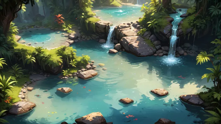 digital art, a secret lake hidden in the jungle, rocks, waterfall, crystal clear water, cartoon style