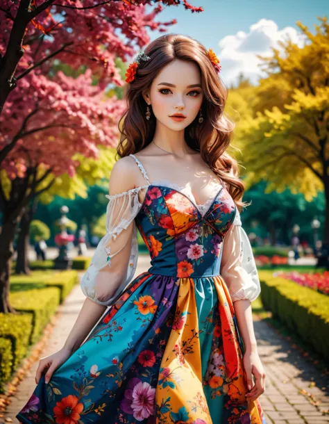 digital art, beautiful woman with with an elegant dress in a colorful park, doll style, ink outlines