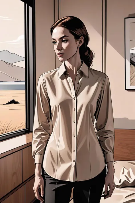a minimalist furniture and elegant slim beige shirt in a scenic full shot in the style of extremely fine ink lineart, mystic atmosphere