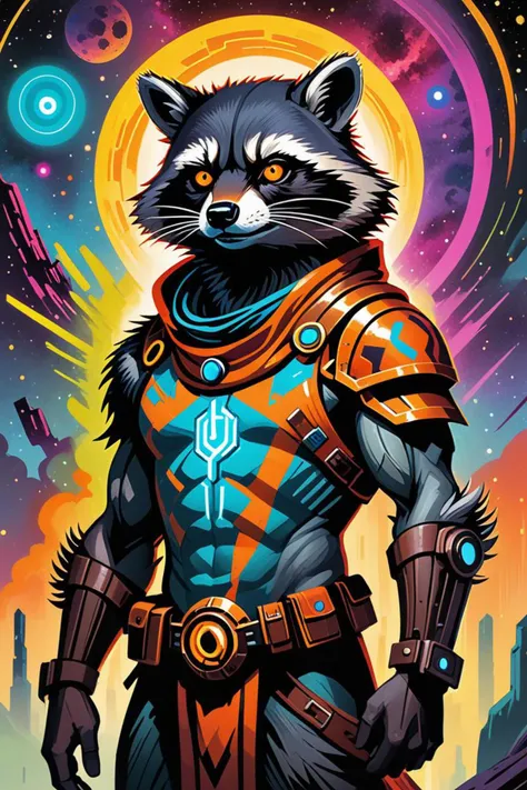 a with glowing runes on the body and a person with a raccoon head in a forbidden planet in the style of vibrant painting, 20 mm