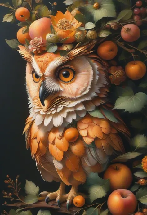 whimsical owl made of paper, apricot theme, intricate details, ultra sharp, glowing, lunar bazaar at night <lora:tbh108-sdxl:0.8> style of Giuseppe Arcimboldo