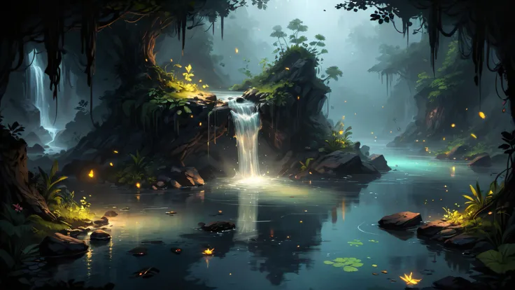 digital art, a secret lake hidden in the jungle, rocks, waterfall, crystal clear water, dark horror vibes, fireflies, dense fog, cartoon style