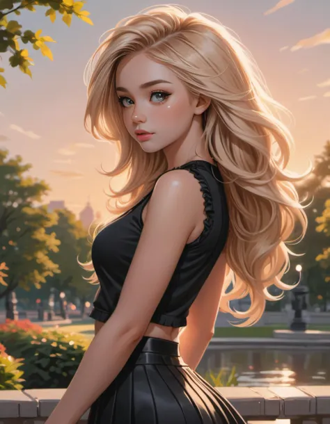 portrait of cute blonde brushing her hair, natural lips, big hair, intricate, elegant, highly detailed, art by jaynl, (wearing tight black top and pleated skirt), (detailed background park), sultry, sunset, backlight